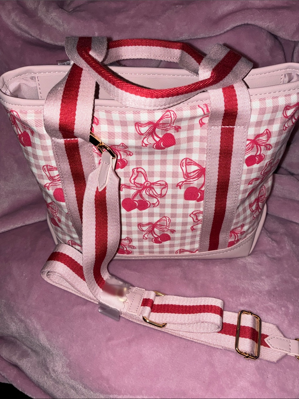 Pink Cherry Gingham Tote Bag with Heart Accent - Picture 4 of 4